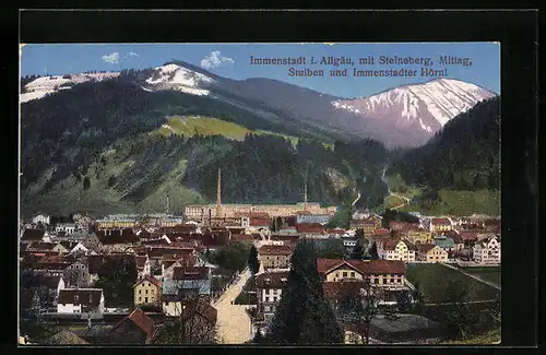 AK Immenstadt /Allg., Ortsansicht mit Bergspitzen