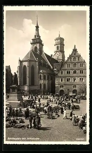 AK Stuttgart, Schillerplatz mit Stiftskirche