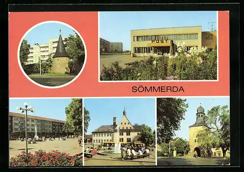 AK Sömmerda, Postgebäude, Kirche, Strassenbahn am Marktplatz