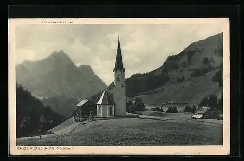 AK Schröcken i. Bregenzerwald, Teilansicht mit Kirche gegen Künzelspitze