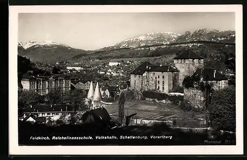 AK Feldkirch, Ortspartie mit Reichsfinanzschule, Volkshalle und Schattenburg