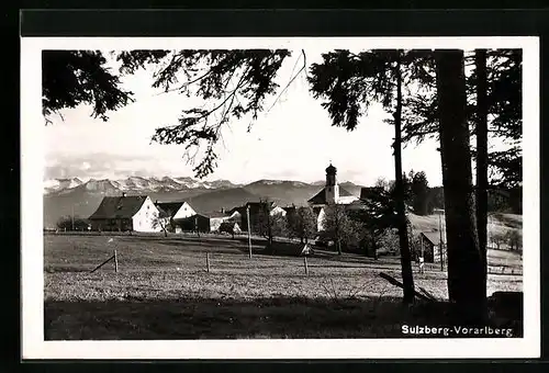 AK Sulzberg, Alpenpanorama mit Kirche