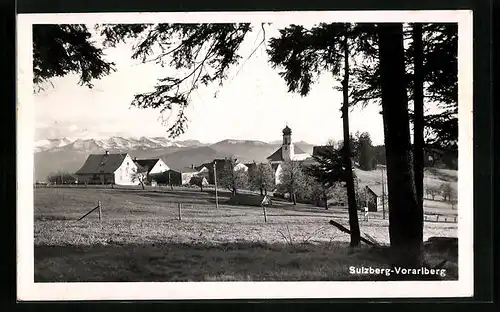 AK Sulzberg, Alpenpanorama mit Kirche