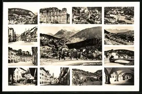 AK Feldkirch, Teilansicht mit Gurtisspitze, Ortspartie mit Brunnen, Kreuzgang