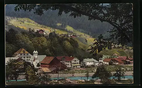 AK Dalaas am Arlberg, Teilansicht mit Gasthof zur Post und Kirche