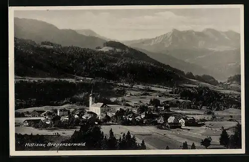 AK Hittisau, Gesamtansicht mit Gebirgsblick aus der Vogelschau