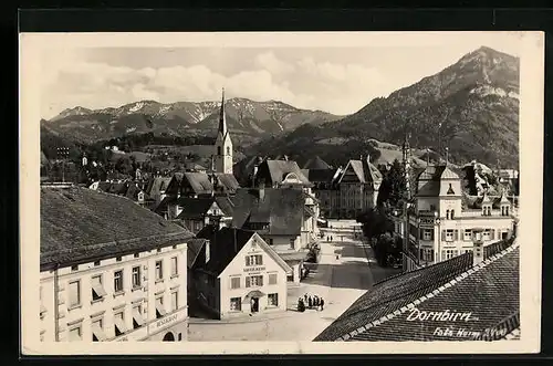 AK Dornbirn, Strassenpartie aus der Vogelschau mit Geschäft Xaver Hess