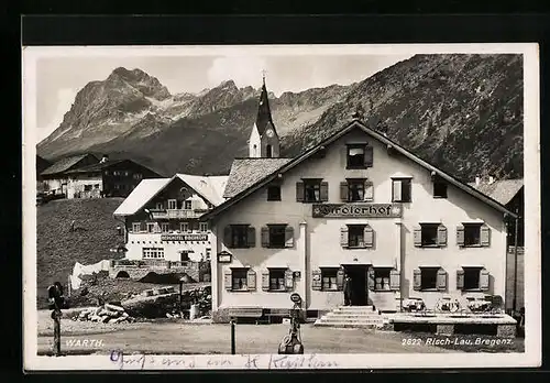 AK Warth, Berghotel Biberkopf und Gasthof-Pension Tirolerhof mit Blick auf Kirche und Berge
