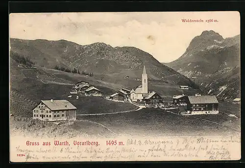 AK Warth, Ortsansicht aus der Vogelschau mit Widderstein