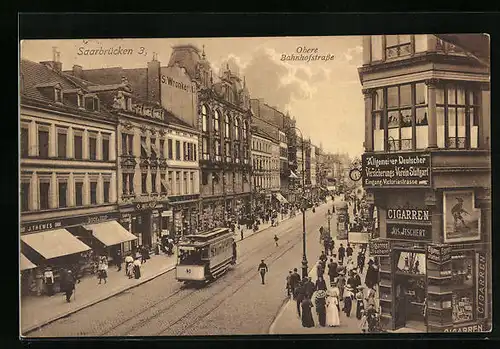 AK Saarbrücken, Strassenbahn in der oberen Bahnhofstrasse