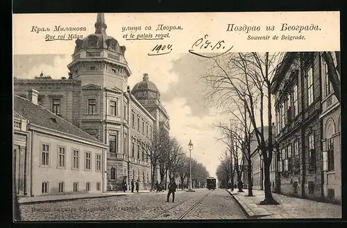 AK Belgrade, Rue roi Milan et le palais royal, Strassenbahn