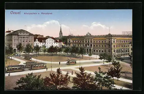 AK Cassel, Königsplatz mit Hauptpost und Strassenbahnen