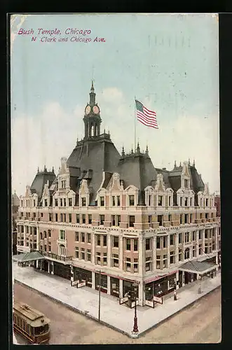 AK Chicago, Bush Temple, Clark and Chicago Avenue, Strassenbahn