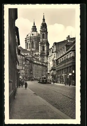 AK Prag, St. Nikolaus Kirche, Strassenbahn