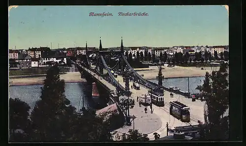 AK Mannheim, Neckarbrücke mit Strassenbahnen