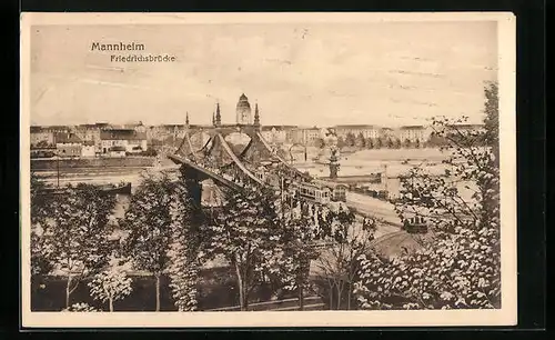 AK Mannheim, Friedrichsbrücke mit Strassenbahnen aus der Vogelschau