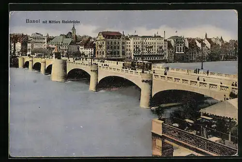 AK Basel, Mittlere Rheinbrücke mit Strassenbahn