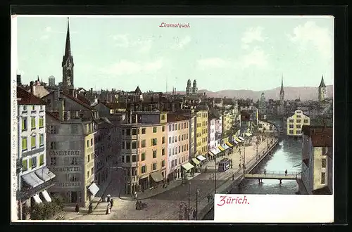 AK Zürich, Partie am Limmatquai mit Strassenbahn