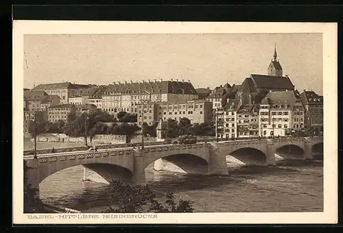 AK Basel, Strassenbahn auf der Mittleren Rheinbrücke