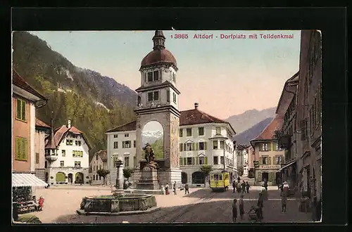 AK Altdorf, Dorfplatz mit Telldenkmal und Strassenbahn