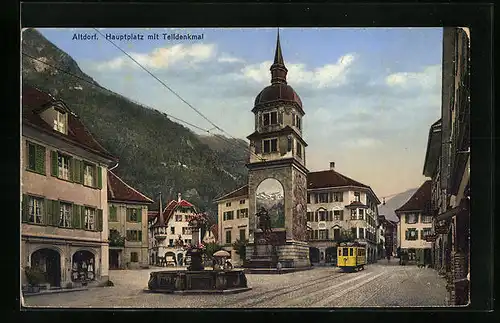 AK Altdorf, Hauptplatz mit Telldenkmal und Strassenbahn