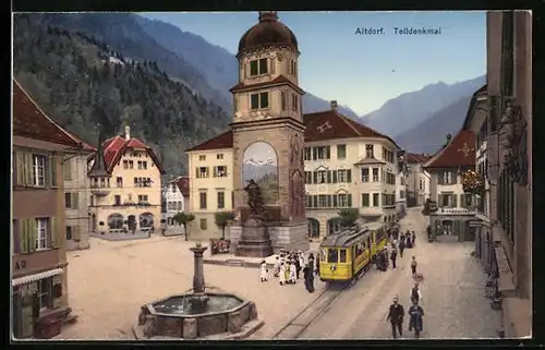 AK Altdorf, Telldenkmal auf dem Dorfplatz mit Strassenbahn aus der Vogelschau