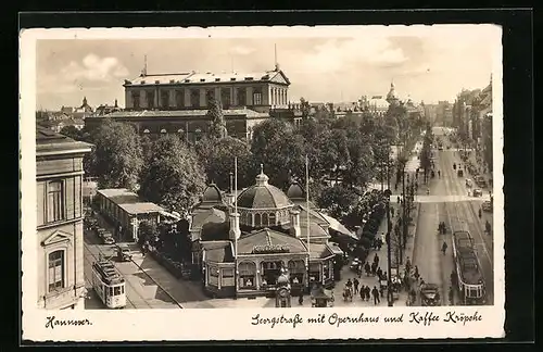 AK Hannover, Georgstrasse mit Oper, Kaffee Kröpcke und Strassenbahn aus der Vogelschau