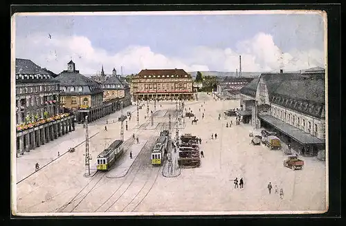 AK Karlsruhe, Bahnhofplatz aus der Vogelschau mit Strassenbahnen
