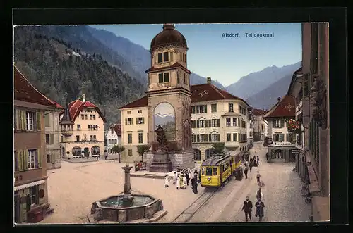 AK Altdorf, Telldenkmal mit Strassenbahn aus der Vogelschau