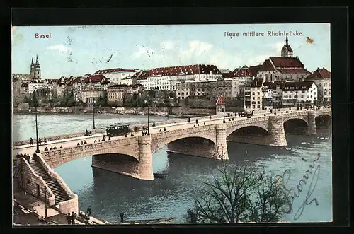 AK Basel, Neue mittlere Rheinbrücke mit Strassenbahn und Stadtpanorama