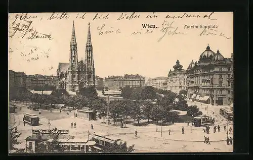 AK Wien, Maximilianplatz aus der Vogelschau mit Strassenbahnen