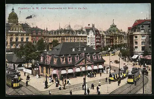 AK Frankfurt a. M., Cafe Hauptwache mit Strassenbahnen aus der Vogelschau