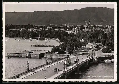 AK Zürich, Strassenbahn auf der Quaibrücke mit Uetliberg