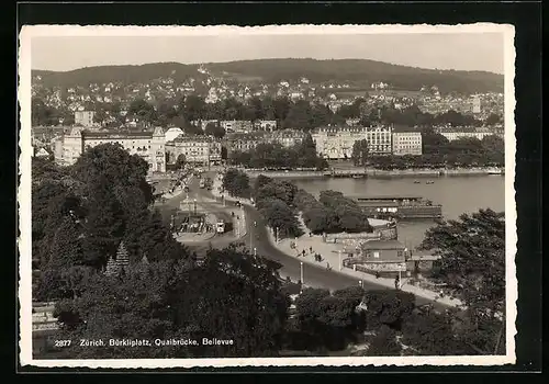 AK Zürich, Strassenbahnen auf Bürkliplatz und Quaibrücke, Bellevue