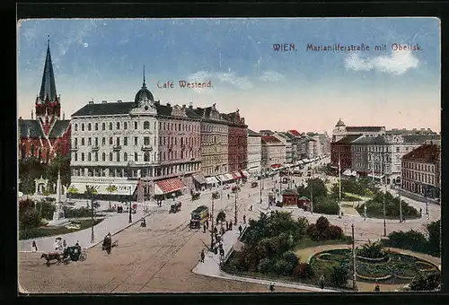 AK Wien, Mariahilferstrasse mit Obelisk, Cafe Westend und Strassenbahnen