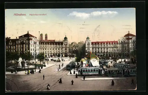 AK München, Strassenbahnen am Karlstorrondell