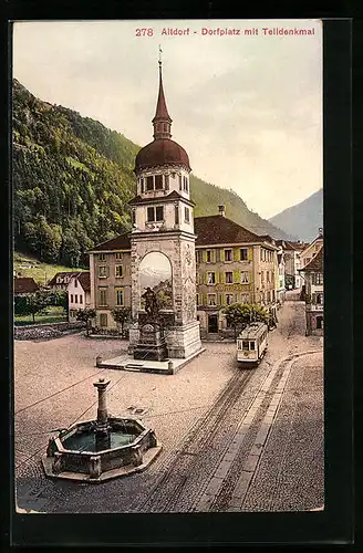 AK Altdorf, Strassenbahn passiert das Telldenkmal auf dem Dorfplatz