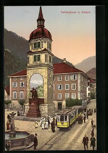 AK Altdorf, Strassenbahn hält am Telldenkmal