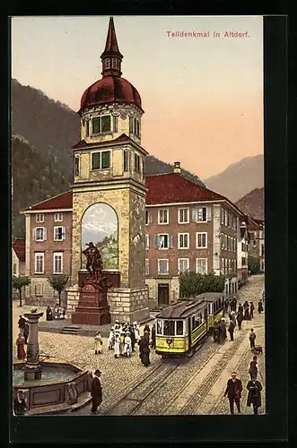 AK Altdorf, Strassenbahn hält am Telldenkmal, Abendstimmung