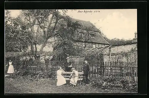 AK Bad Suderode i. Harz, Forsthaus Neue Schenke, Gäste mit Hund auf einer Bank