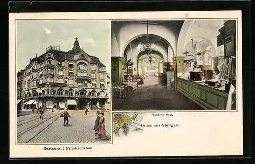 AK Stuttgart, Vorderer Saal des Restaurants Friedrichsbau