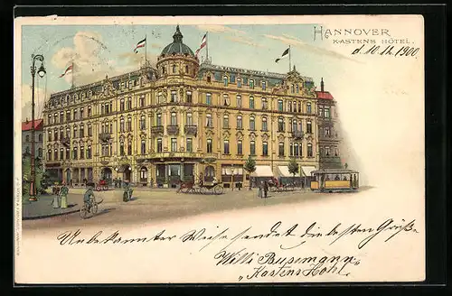 Lithographie Hannover, Blick zum Kastens Hotel mit Strassenbahn