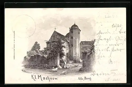 Künstler-AK Kl. Machnow, Blick zur Alten Burg