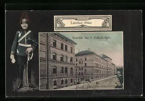 AK Landau /Pfalz, Kaserne des 5. Feldart.-Rgts., Soldat in Uniform