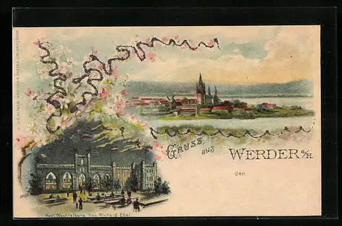 Lithographie Werder /Havel, Restaurant Wachtelburg, Panorama