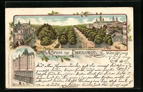 Lithographie Hannover, Herrenhäuser-Allee und Welfenschloss, Residenz-Bazar