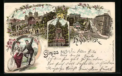 Lithographie Hannover, Restaurant Tivoli, Georgstrasse, Kriegerdenkmal, Paar auf dem Tandem