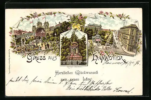 Lithographie Hannover, Restaurant Tivoli, Georgstrasse, Kriegerdenkmal