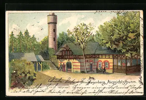 Lithographie Stuttgart, Aussichtsturm und Gasthaus auf dem Hasenberg