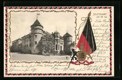 Passepartout-Lithographie Stuttgart, Strassenpartie am alten Schloss, Wappen